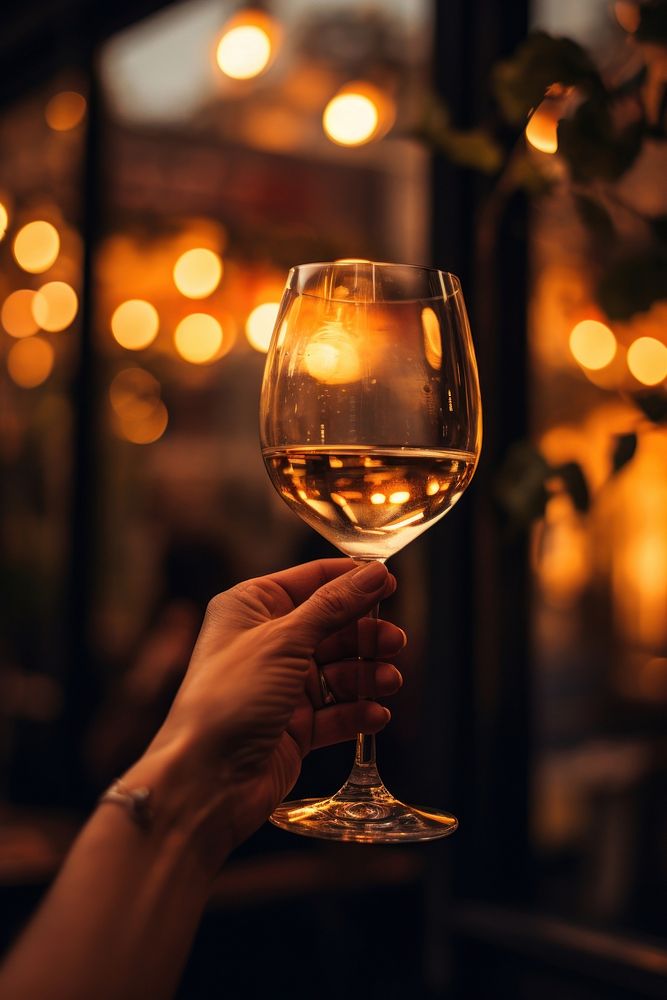 Hand holding wine glass against a fine dining restaurant drink light refreshment. AI generated Image by rawpixel.