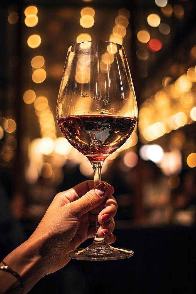 Hand holding wine glass against a fine dining restaurant drink refreshment illuminated. AI generated Image by rawpixel.