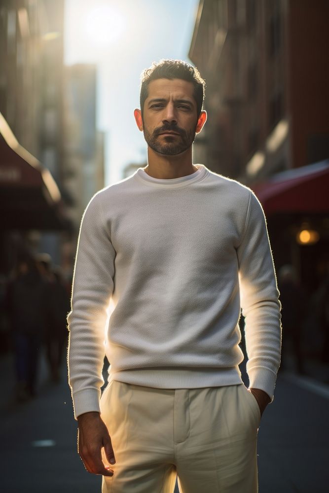 Man wearing white sweater standing portrait sports. AI generated Image by rawpixel.