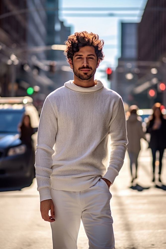Man wearing white sweater portrait street adult. AI generated Image by rawpixel.