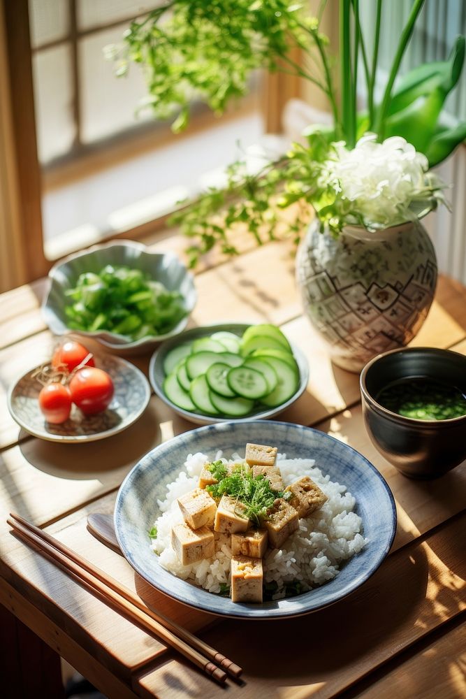 Tofu salad plate chopsticks table. AI generated Image by rawpixel.