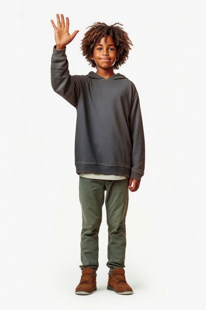 Black kid standing raising hand sweatshirt sleeve architecture. AI generated Image by rawpixel.