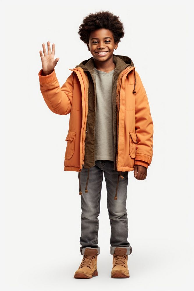 Black kid standing raising hand jacket child happy. AI generated Image by rawpixel.
