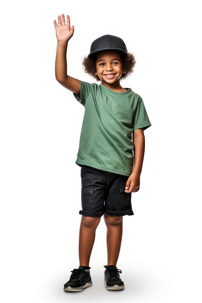 Black kid standing raising hand footwear portrait t-shirt. AI generated Image by rawpixel.