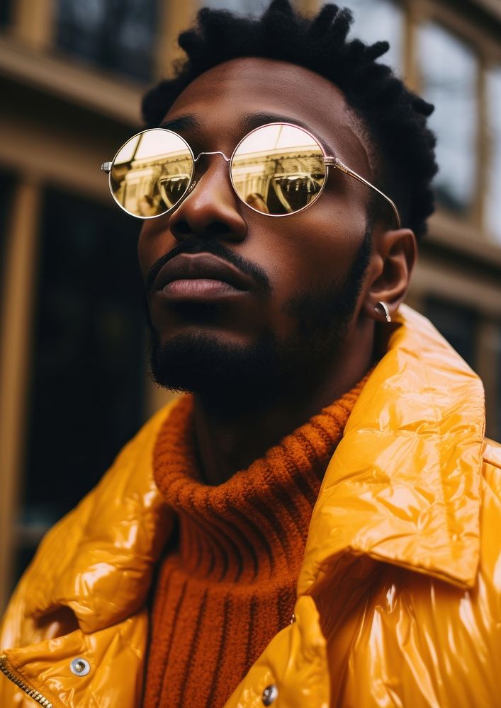 Black man touch fashion sunglasses portrait yellow adult. AI generated Image by rawpixel.