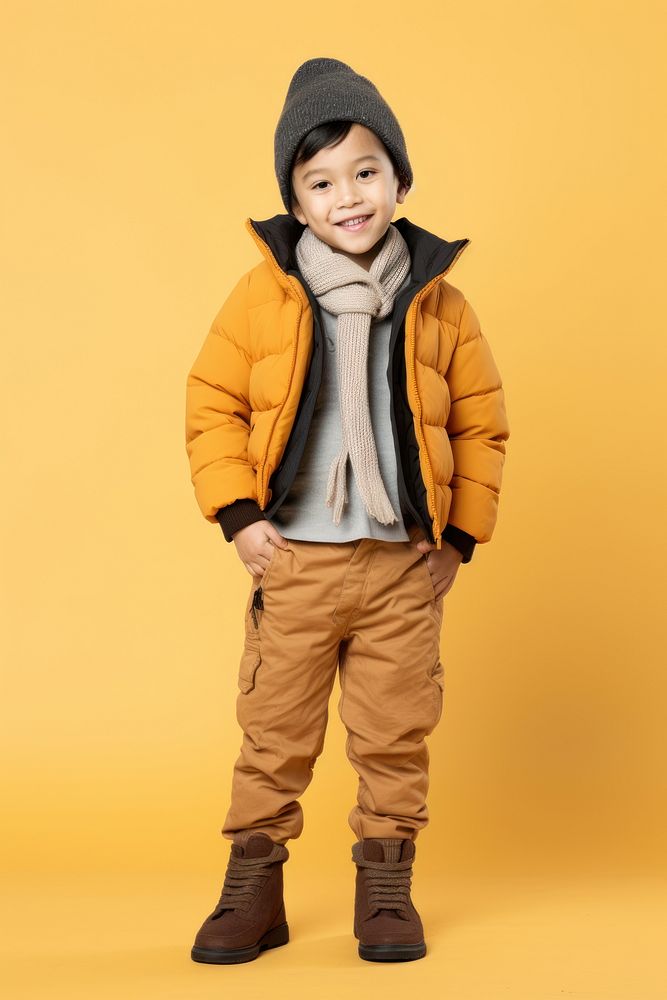 A child standing wearing winter outfit portrait jacket photo. AI generated Image by rawpixel.