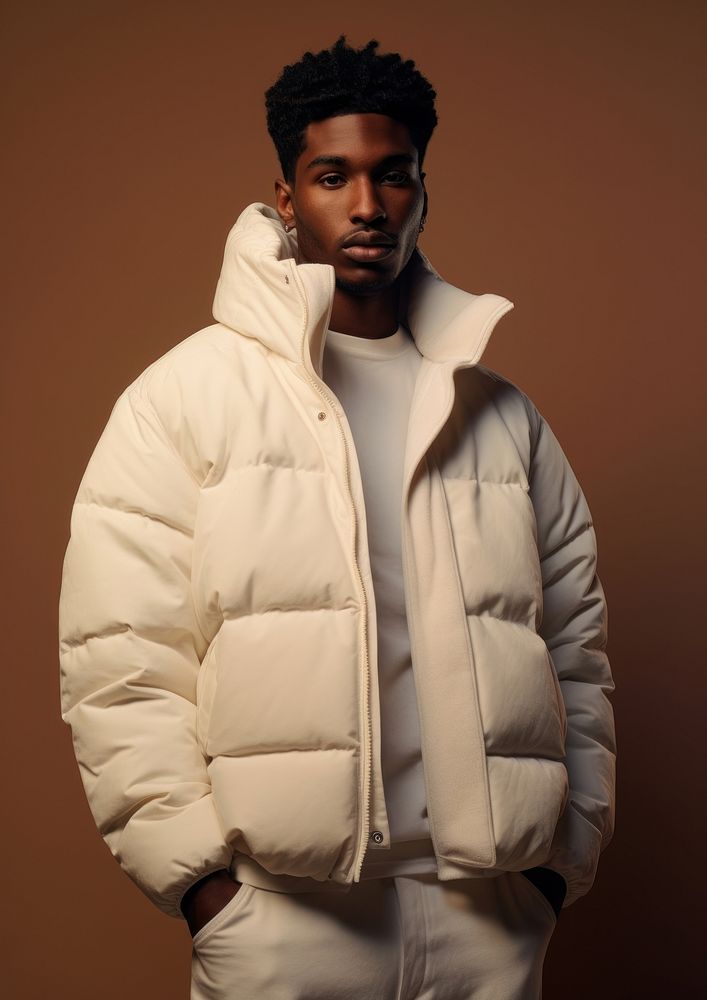 Black man wearing a white puffer jacket and jeans sweatshirt adult studio shot. 