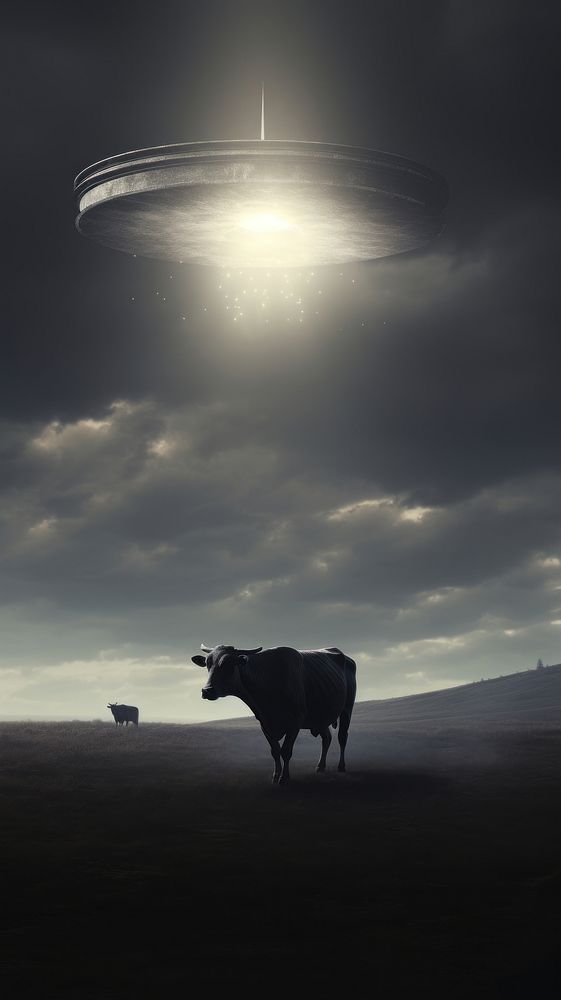 Monochrome UFO taking a cow to sky livestock outdoors mammal. AI generated Image by rawpixel.
