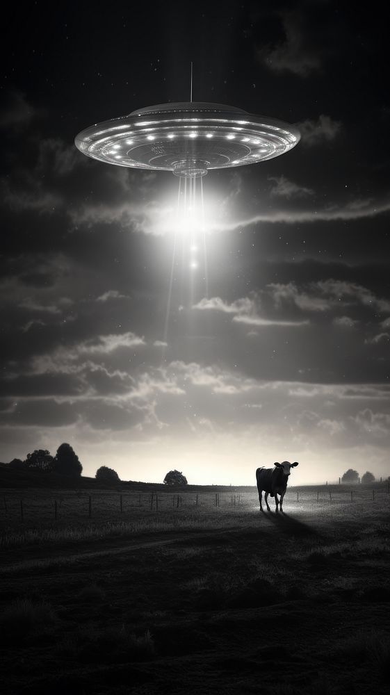 Monochrome UFO taking a cow to sky outdoors nature mammal. AI generated Image by rawpixel.