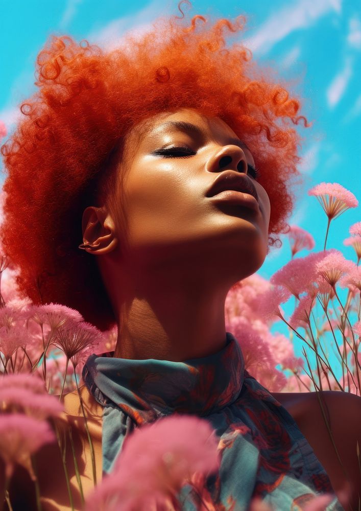 Black woman face Joyful action flower portrait plant. AI generated Image by rawpixel.