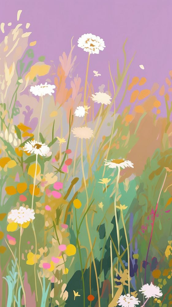 Flowers field outdoors painting purple. AI generated Image by rawpixel.