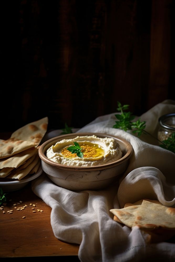 Hummus bread table food. AI generated Image by rawpixel.