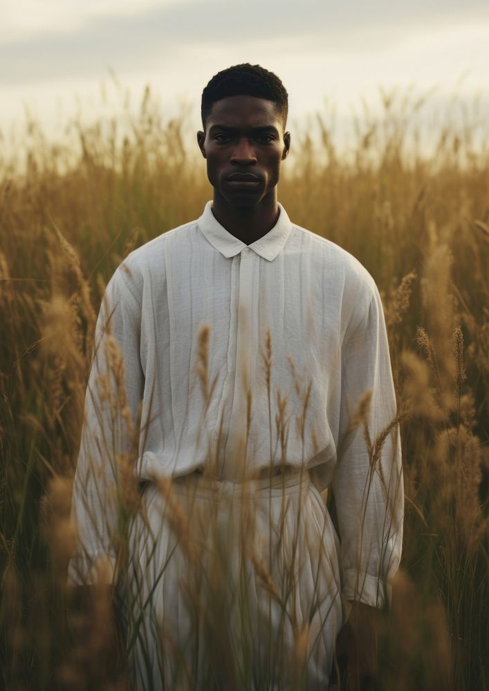 Black man with minimal white shirt standing nature field. AI generated Image by rawpixel.