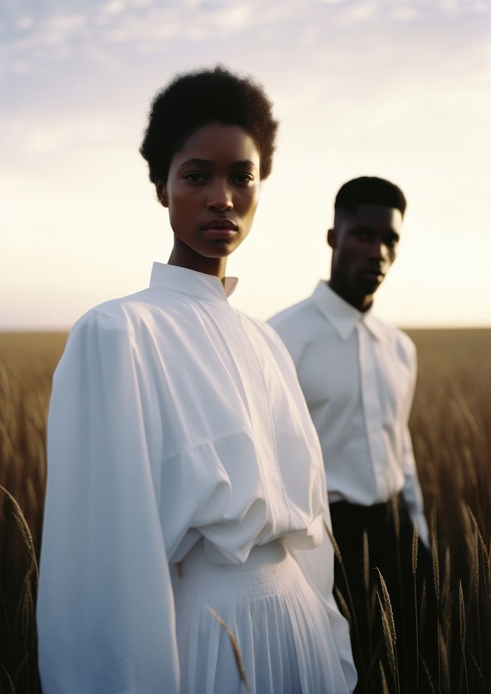 Black woman and man with minimal white shirt standing portrait nature. AI generated Image by rawpixel.