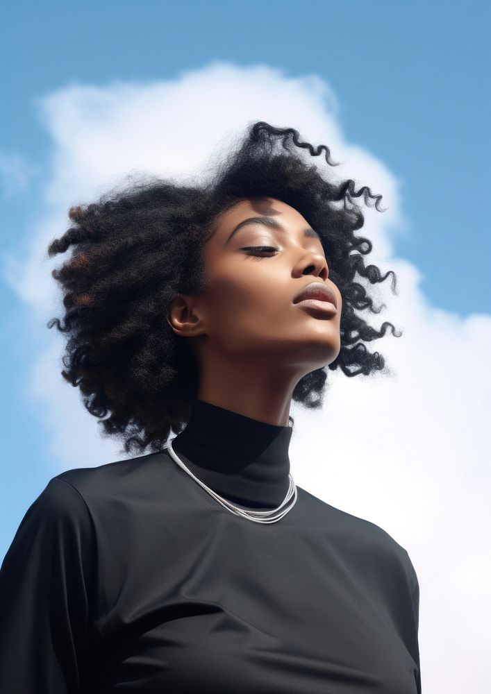 Fashion photo shoot black women with sky adult face contemplation. AI generated Image by rawpixel.