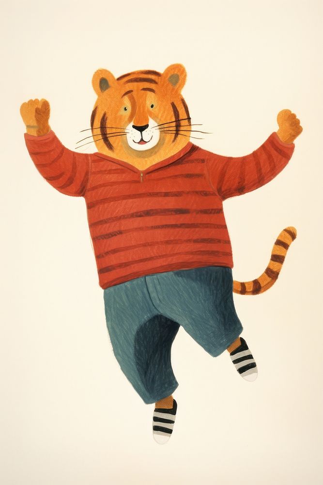 Tiger wearing pants jumping cartoon anthropomorphic representation. AI generated Image by rawpixel.