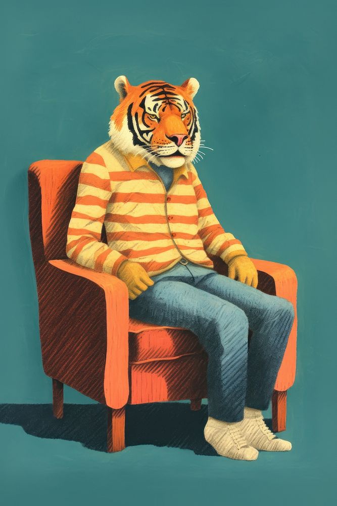 Tiger wearing pants sitting on an armchair furniture animal mammal. AI generated Image by rawpixel.