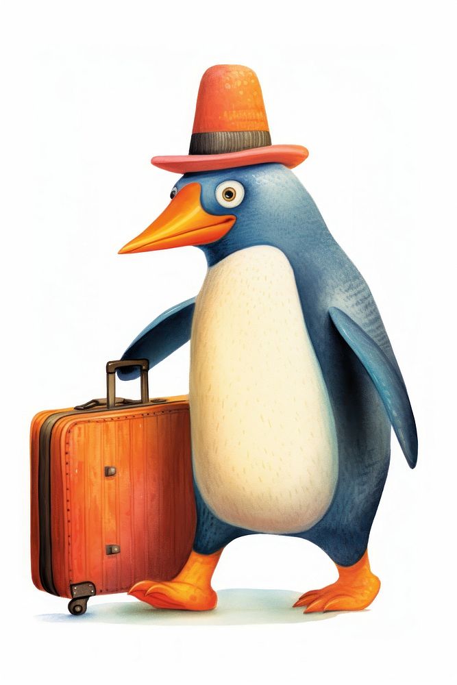 Full body penguin wearing hat holding suitcase luggage bird white background. AI generated Image by rawpixel.