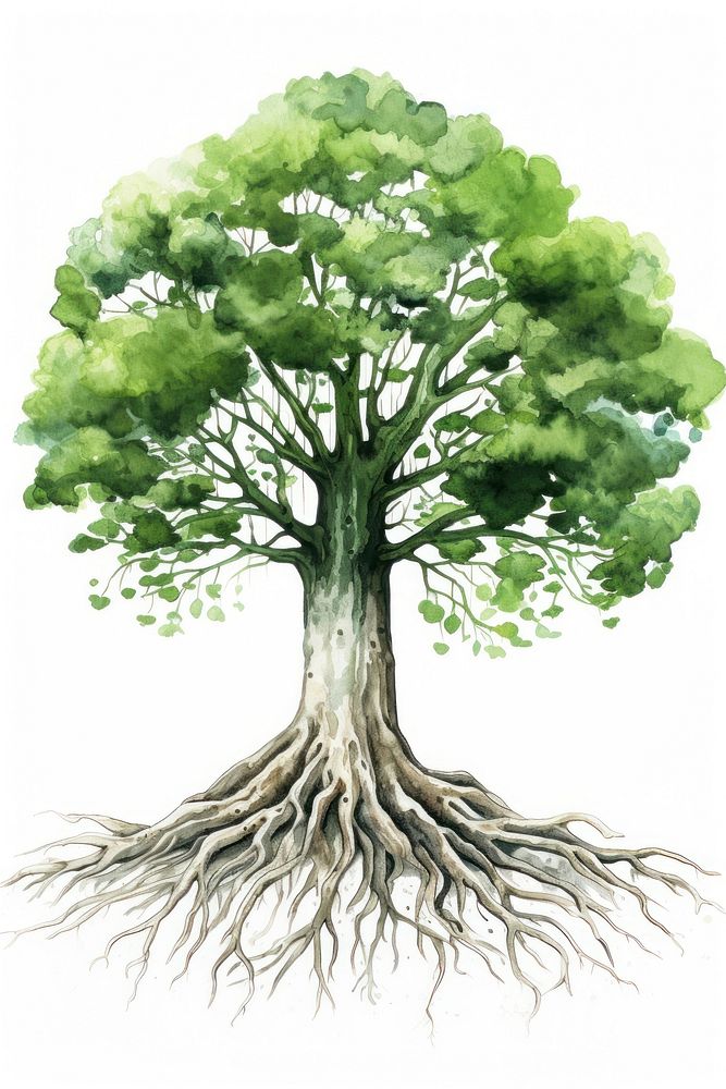 A Big green tree with roots beneath drawing sketch plant. AI generated Image by rawpixel.