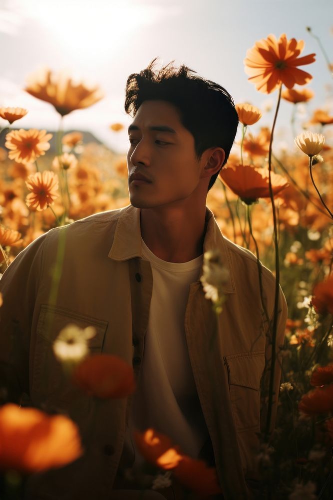 East Asian man flower portrait outdoors. AI generated Image by rawpixel.
