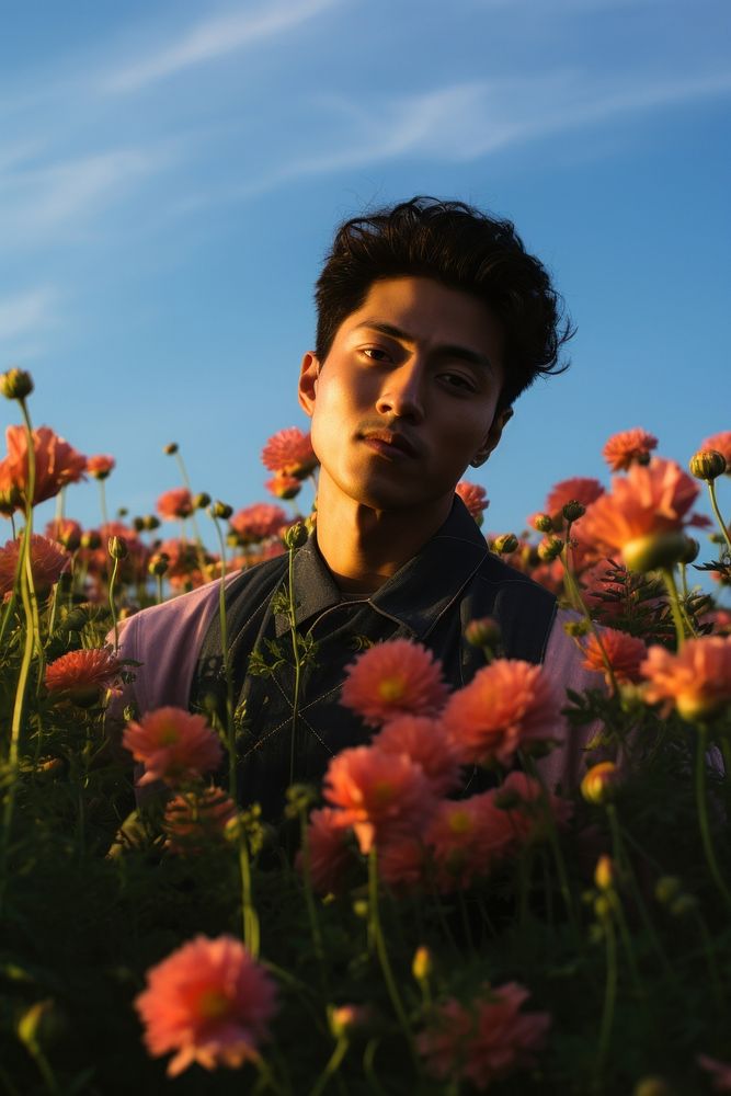 East Asian man flower field portrait. AI generated Image by rawpixel.