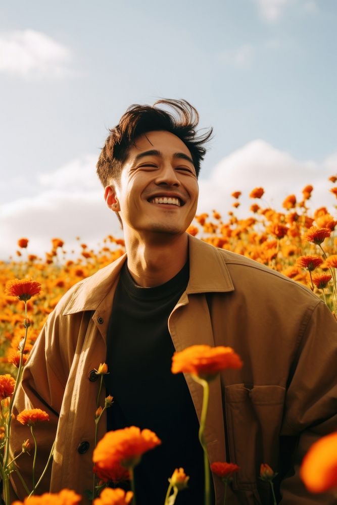 Happy East Asian man flower portrait outdoors. AI generated Image by rawpixel.