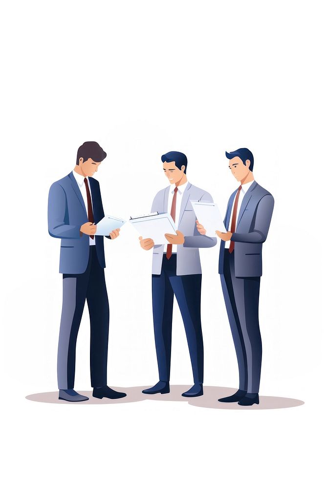 Businessmen engage in a discussion as they read a financial report together teamwork standing meeting. AI generated Image by…