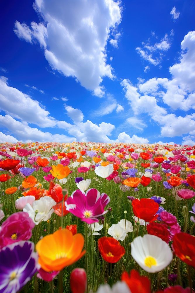 Beautiful floral field sky landscape grassland. AI generated Image by rawpixel.