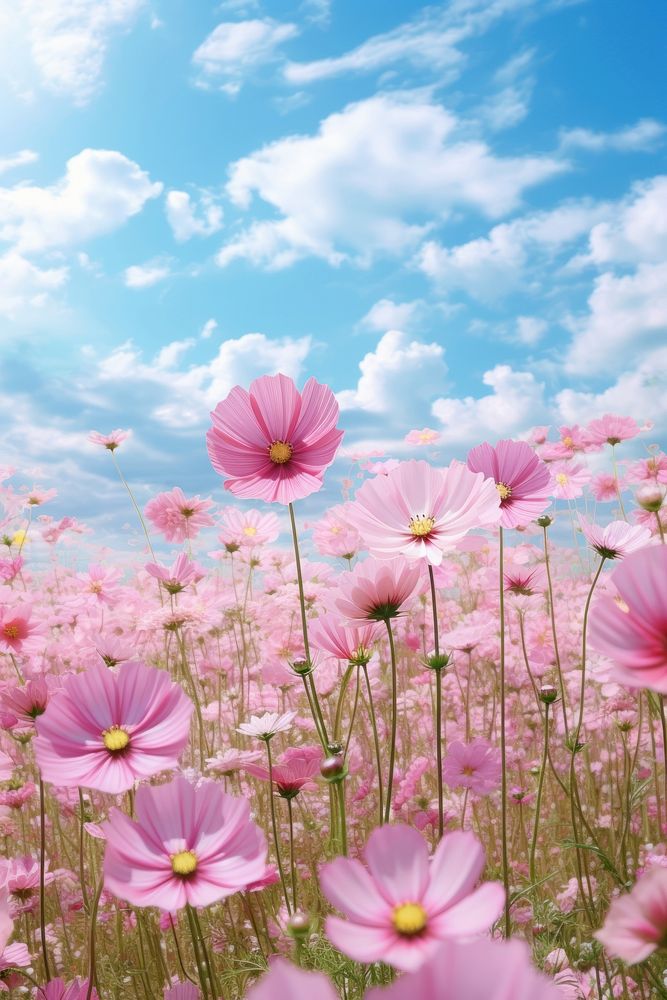 Beautiful pink floral field sky grassland outdoors. AI generated Image by rawpixel.
