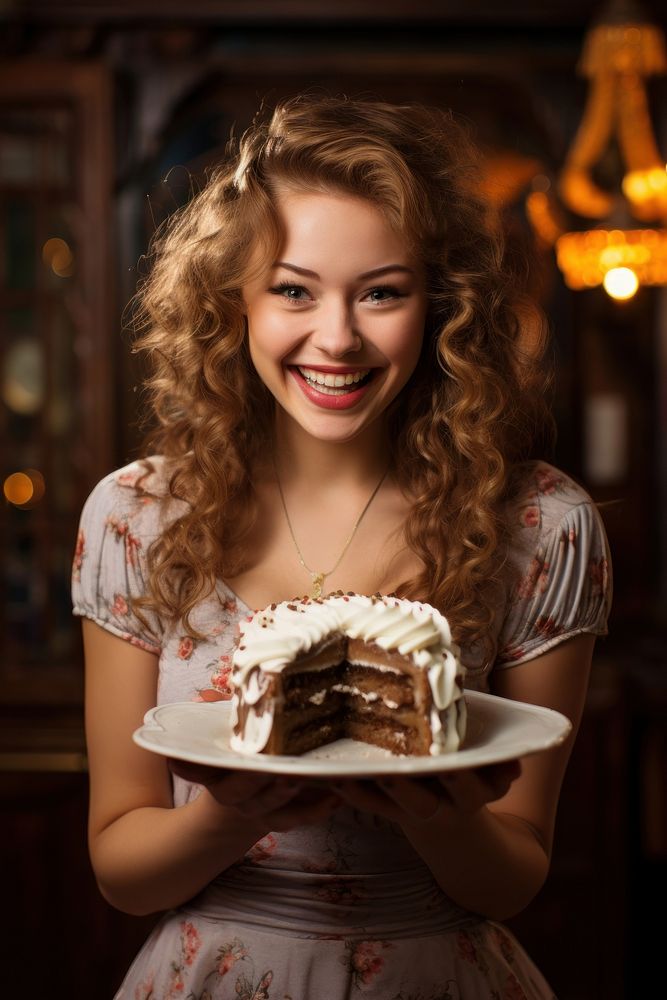 Happy girl with tasty cake portrait dessert smile. AI generated Image by rawpixel.