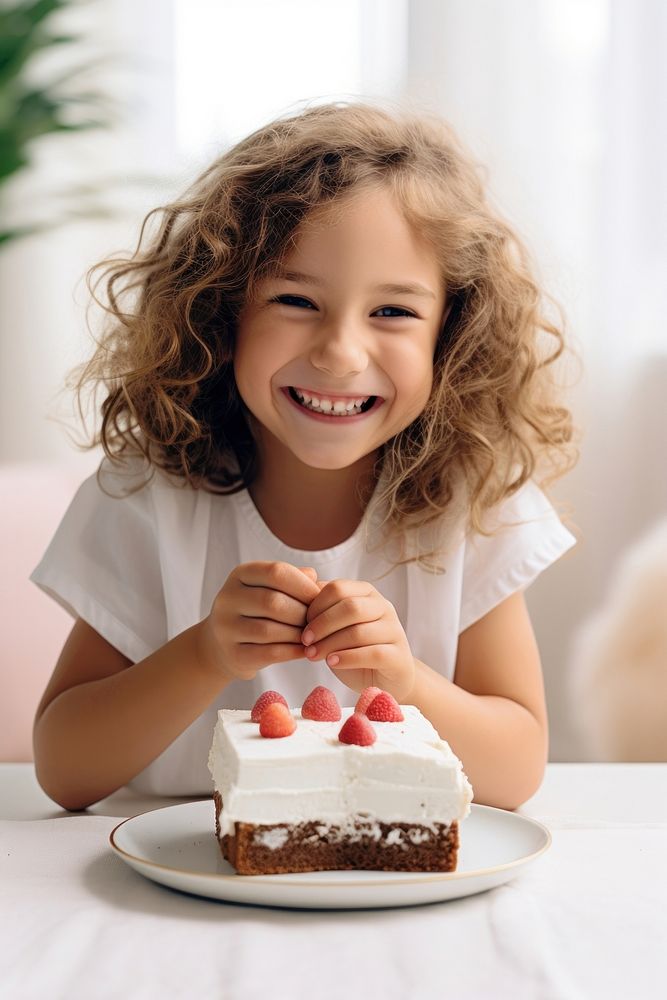 Happy little girl with tasty cake dessert food anniversary. AI generated Image by rawpixel.