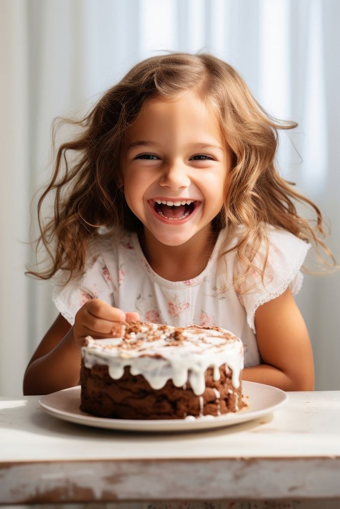 Happy little girl with tasty cake dessert smile food. AI generated Image by rawpixel.