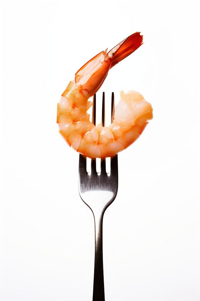A cooked Peeled shrimp on a fork food seafood white background. AI generated Image by rawpixel.