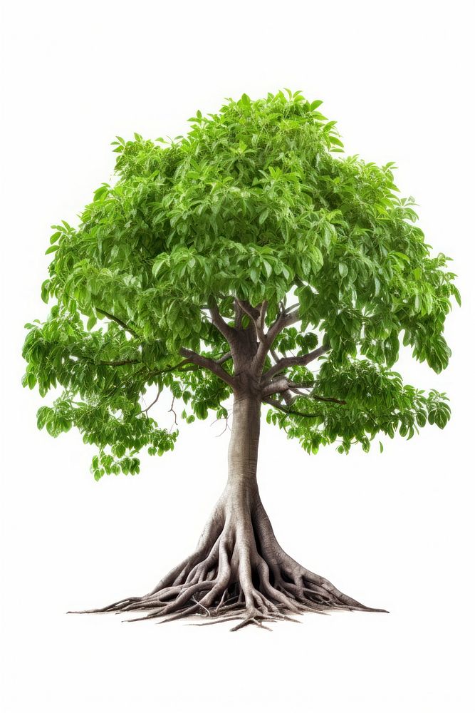 A Big green tree with roots beneath bonsai plant white background. AI generated Image by rawpixel.