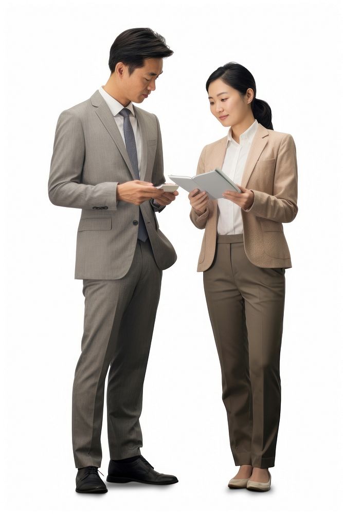 A business man and a business woman engage in a discussion as they read a financial report together teamwork standing…