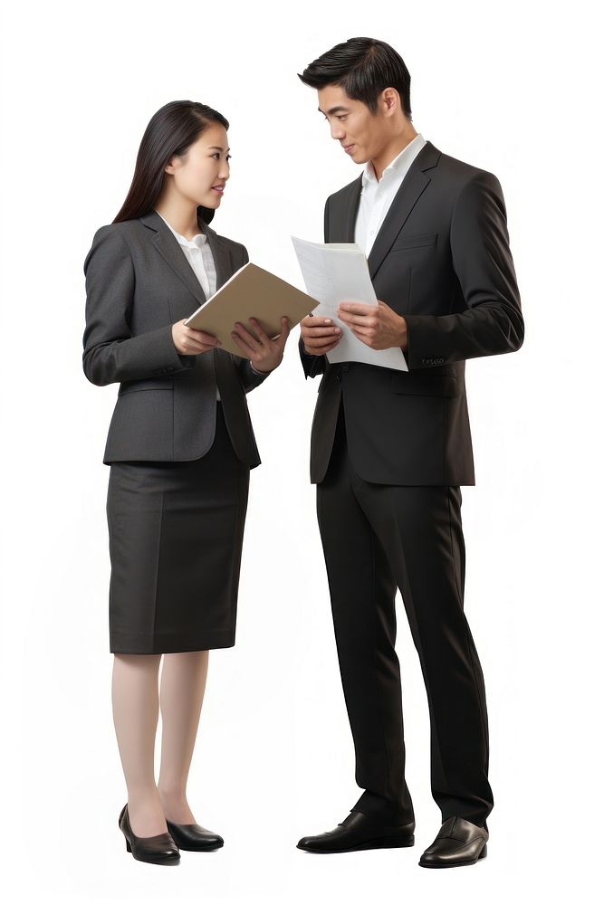 A business man and a business woman engage in a discussion as they read a financial report together standing teamwork…
