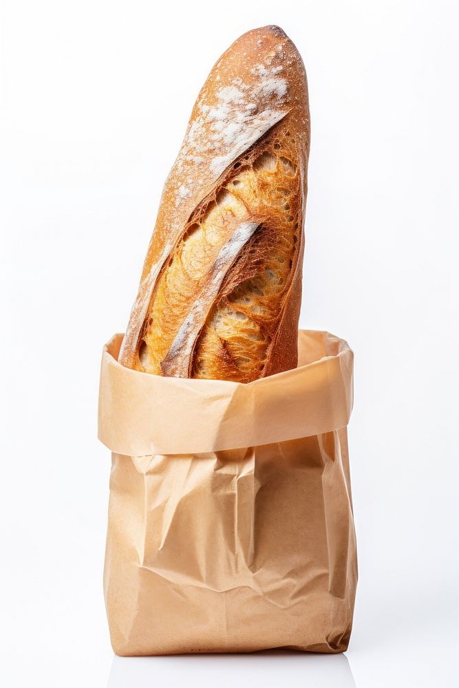 A Freshly baked baguette in brown paper bag bread food white background. AI generated Image by rawpixel.
