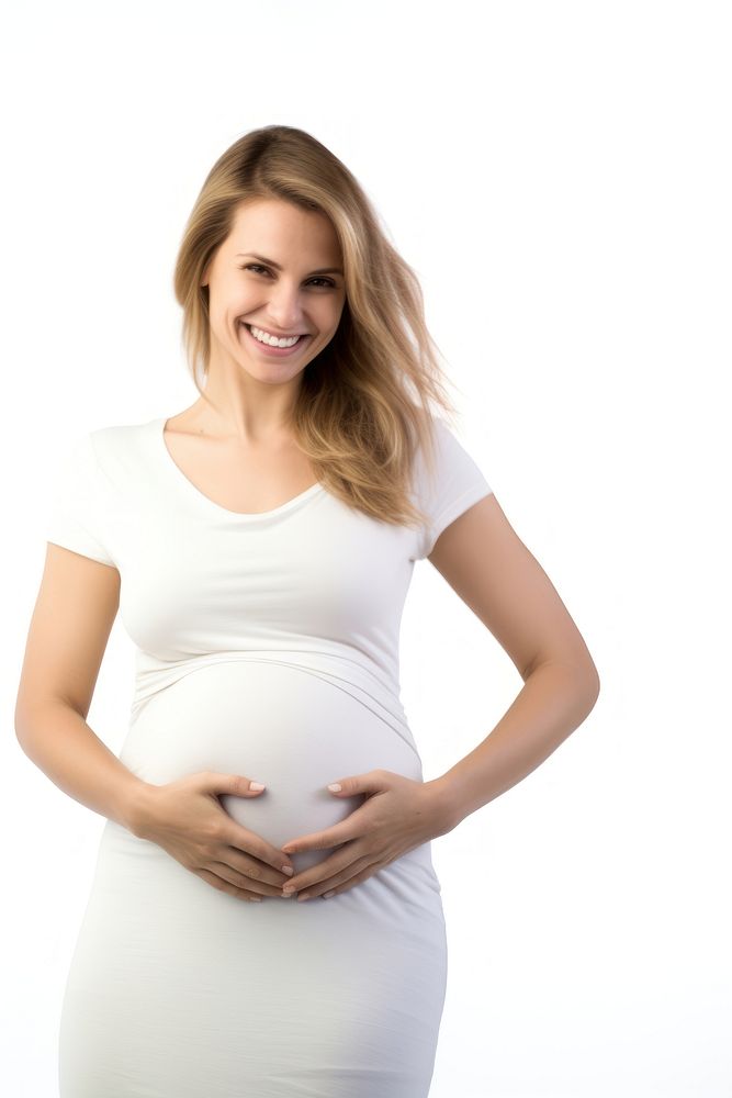 A happy woman with touching her belly smile pregnant portrait. AI generated Image by rawpixel.