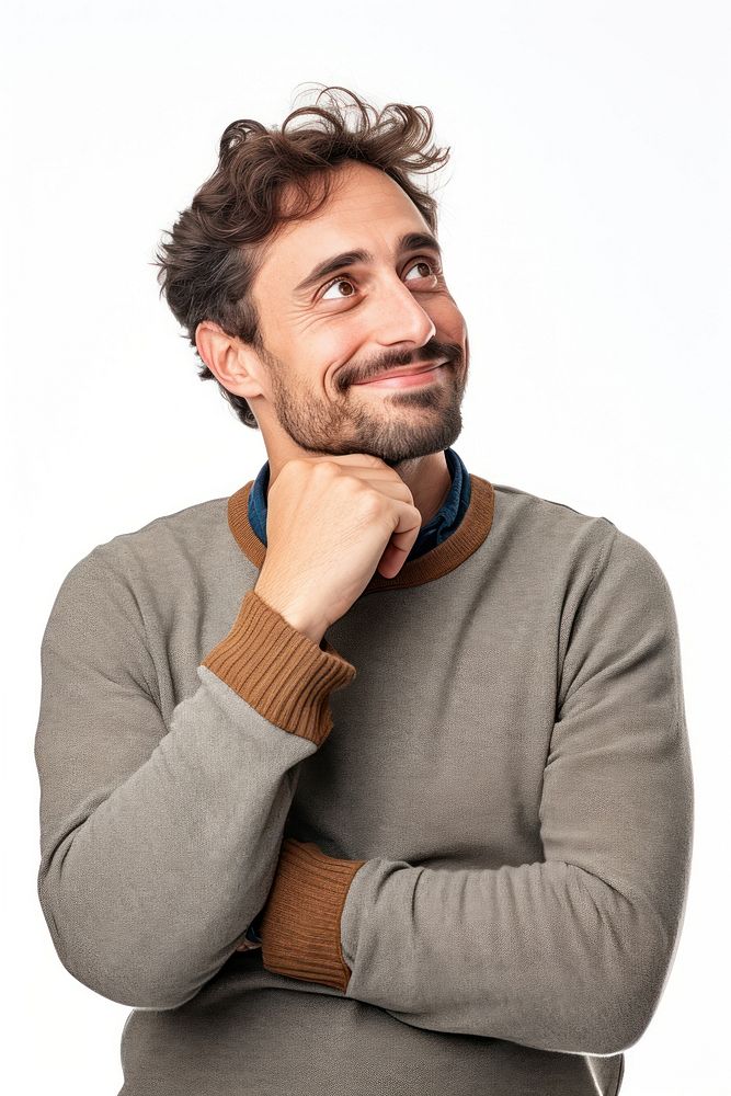 A man with hand on his chin thinking about question portrait sweater smiling. AI generated Image by rawpixel.