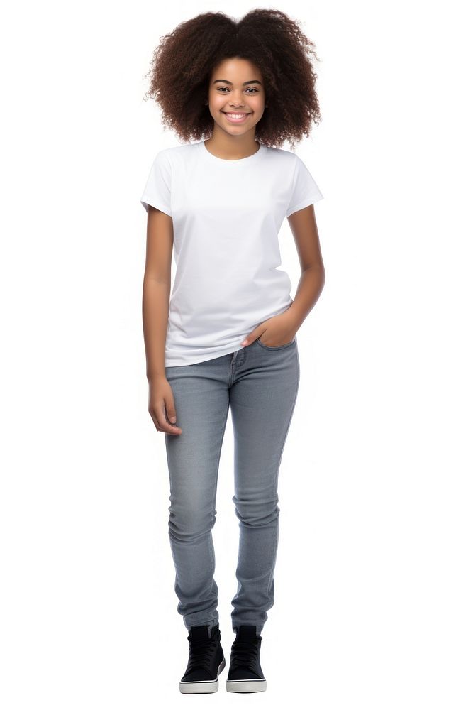 A Portrait of a smiling teenage african girl in t-shirt standing portrait looking. AI generated Image by rawpixel.