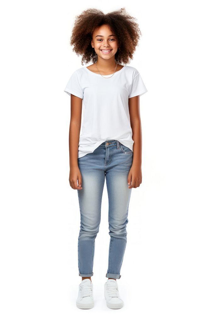 A Portrait of a smiling teenage african girl in t-shirt portrait looking jeans. AI generated Image by rawpixel.