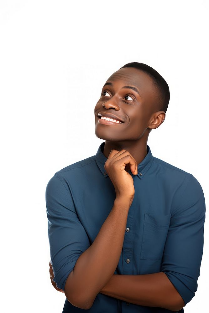 A Portrait of an african young man thinking happily portrait adult smile. AI generated Image by rawpixel.
