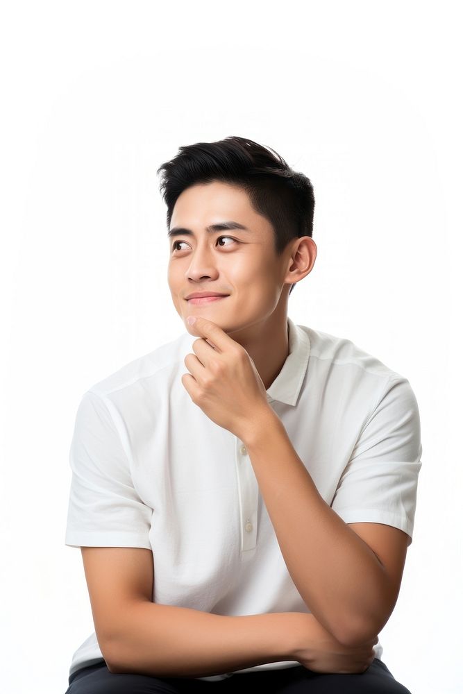 A Portrait of an asian young man thinking happily portrait photo smile. AI generated Image by rawpixel.