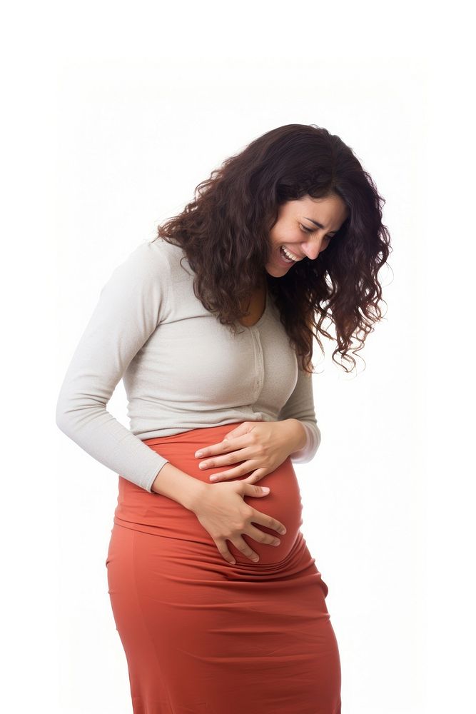 A woman touching her stomach happily sleeve adult white background. AI generated Image by rawpixel.