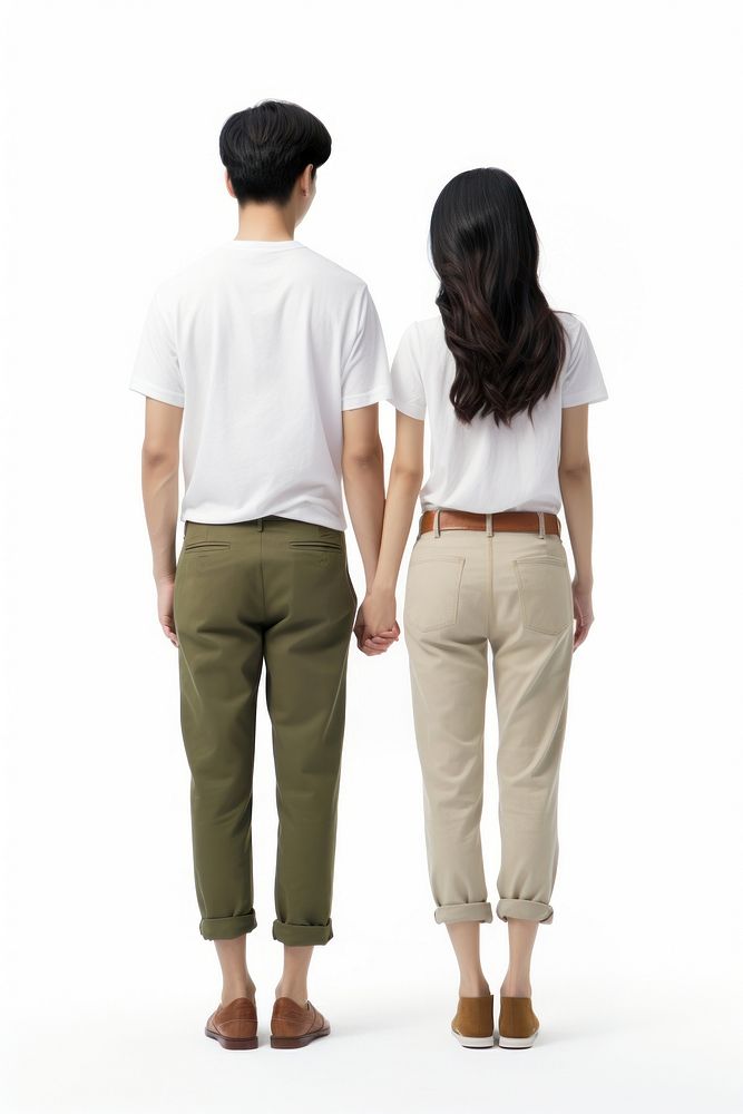 A young Asian man and woman standing with their backs to camera pants adult khaki. AI generated Image by rawpixel.