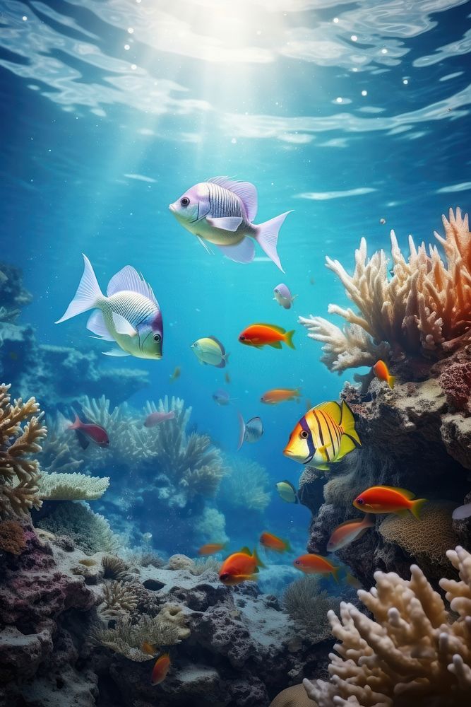 Beautiful group of fish in sea underwater aquarium outdoors. AI generated Image by rawpixel.