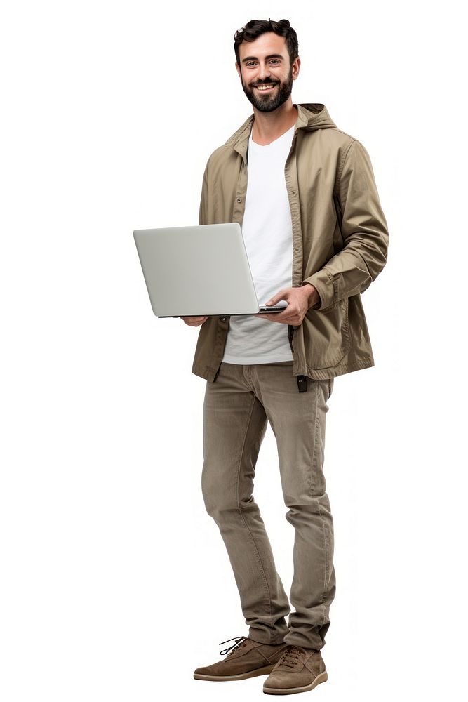 Male programer using his laptop standing computer adult. 