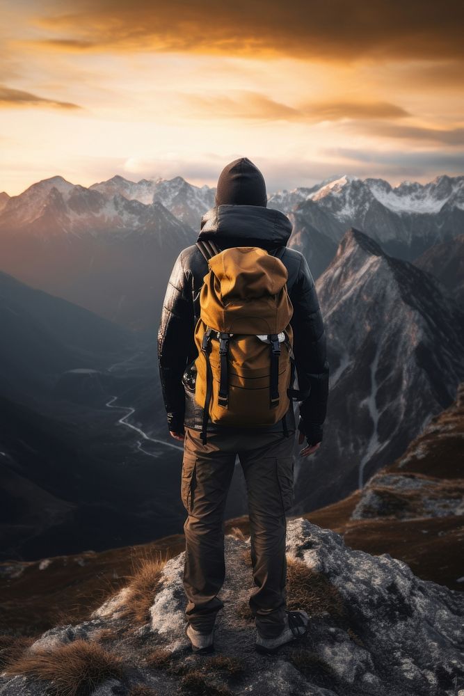Photo of a person hiking with backpack in mountains at the sunset backpacking adult mountaineering. AI generated Image by…