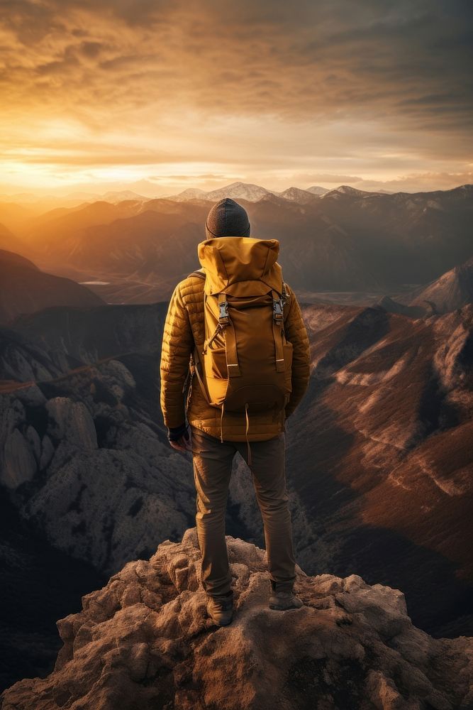 Photo of a person hiking with backpack in mountains at the sunset standing yellow adult