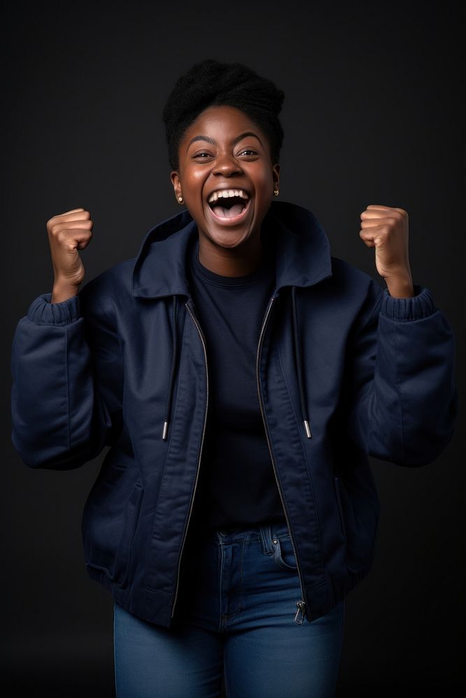 Black woman shouting laughing jacket. AI generated Image by rawpixel.